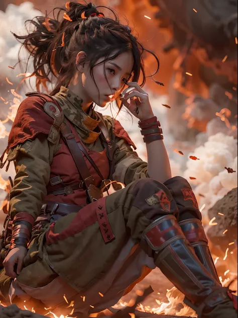 A female warrior smoking in middle of the war, war scene, fire everywhere, dead bodies spread everywhere, smoke bombs, red sky, background dark red, shinning and glowing effects, very extreme detailed, cover every detail part, 24K UHD graphics