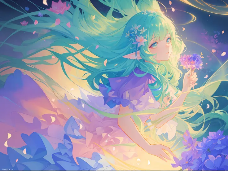 beautiful girl in fairy dress made of flower petals, beautiful fairy queen surrounded by colorful tiny pixies and fairies, glowing tiny fairies, (glowing fairy wings), glowing flowing ballgown, long wavy hair, sparkling fairy wings, watercolor illustration...