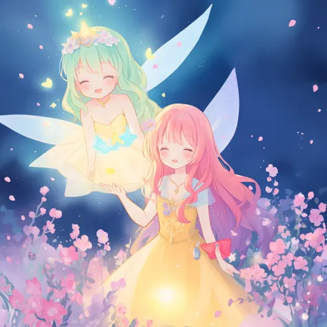 beautiful girl in fairy dress made of flower petals, beautiful fairy queen surrounded by colorful tiny pixies and fairies, glowing tiny fairies, (glowing fairy wings), glowing flowing ballgown, long wavy hair, sparkling fairy wings, watercolor illustration...