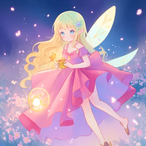 beautiful girl in fairy dress made of flower petals, beautiful fairy queen surrounded by colorful tiny pixies and fairies, glowing tiny fairies, (glowing fairy wings), glowing flowing ballgown, long wavy hair, sparkling fairy wings, watercolor illustration...