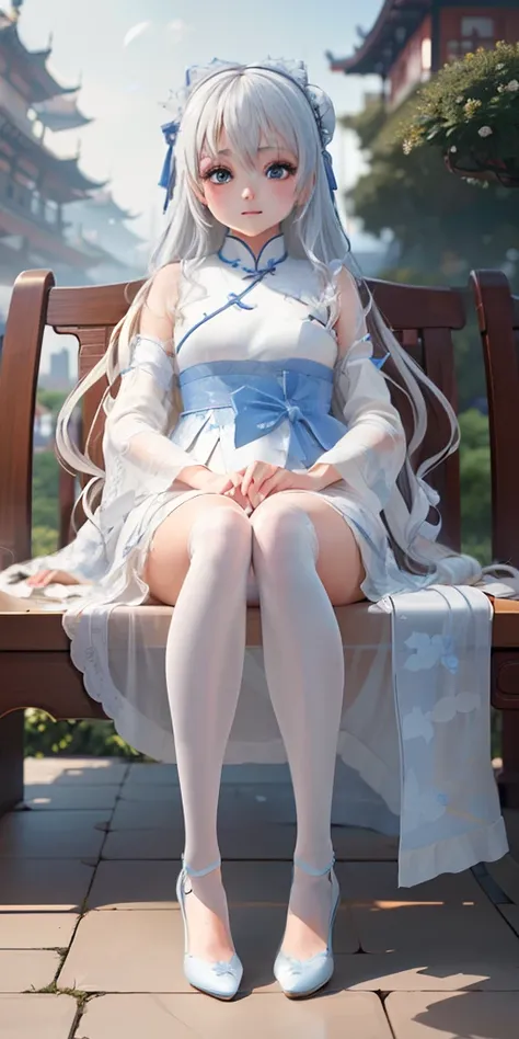 ((Best quality)), ((Masterpiece)), ((Ultra-detailed)), (illustration), (Detailed light), (An extremely delicate and beautiful),A charming young girl,long  white hair,Blue sky,(Chinese Garden),Silky footjob