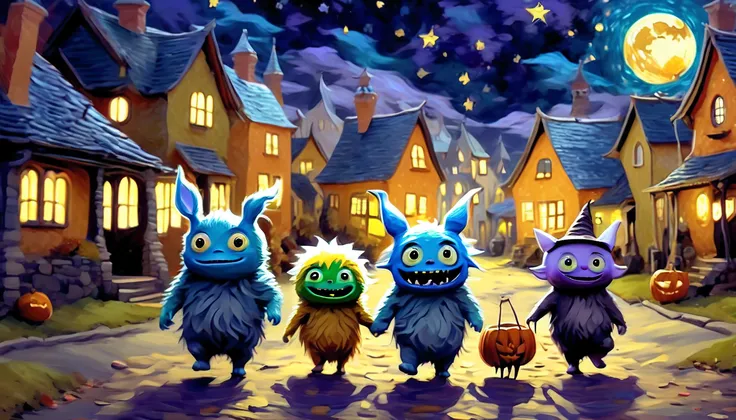 cute baby monsters going out to trick or treat in van gogh style starry halloween night in studio ghibli world