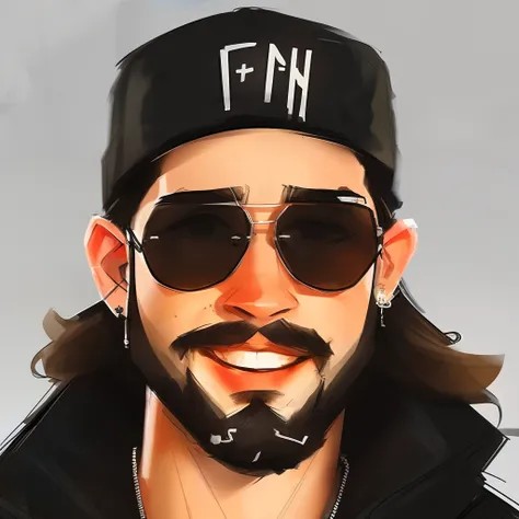 Portrait of Hispanic man with beard and short hair wearing cap and metal aviator glasses making a sign of "Rock n roll, por samdoesarts