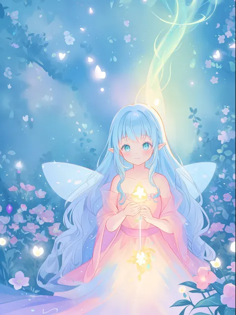 beautiful girl in fairy dress made of flower petals, beautiful fairy queen surrounded by colorful tiny pixies and fairies, glowing tiny fairies, (glowing fairy wings), glowing flowing ballgown, long wavy hair, sparkling fairy wings, watercolor illustration...