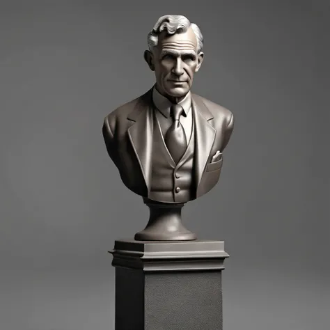 A realistic 3D rendering of Henry Ford alone in the form of a statue with a gray background. Ford deve estar ao lado de um de seus primeiros modelos de carro o Ford Motor T, o Ford Motor T, that revolutionized the automotive industry, waist up angle,sozinh...