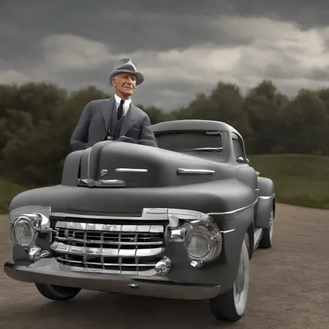 A realistic 3D rendering of Henry Ford alone in the form of a statue with a gray background. Ford deve estar ao lado de um de seus primeiros modelos de carro o Ford Motor T, o Ford Motor T, that revolutionized the automotive industry, waist up angle,sozinh...