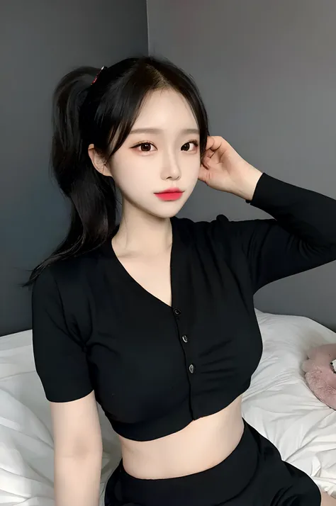 black ponytail,Black shirt,black mini skirt,bedroom