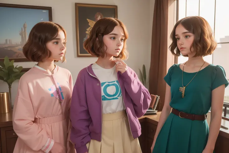 year: 2023. Location: Phoenix. Pre-Raphaelite scene with a 17-year-old Emma Myers, twin sisters, with a wavy bob haircut, colorful clothes, ((holding a key)), in a masculine home office, snooping around, looking away, (((different characters))), ((((casual...