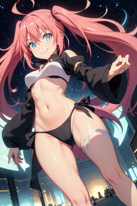 1Female、When I was reincarnated, I was a slime character（child）、masterpiece、superior quality、precise、animesque、child Demon King、Aimei、beautiful blue eyes and detailed、Pink hair、two-tailed、Proud double tails, very short black bikini 、Average breasts、True to...