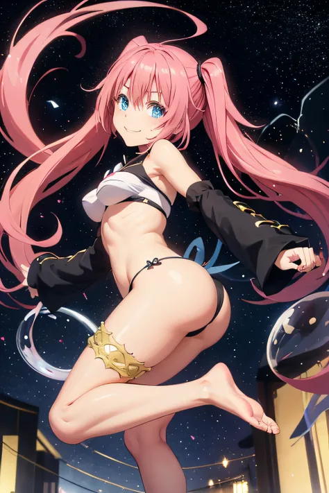 1Female、When I was reincarnated, I was a slime character（child）、masterpiece、superior quality、precise、animesque、child Demon King、Aimei、beautiful blue eyes and detailed、Pink hair、two-tailed、Proud double tails, very short black bikini 、Average breasts、True to...