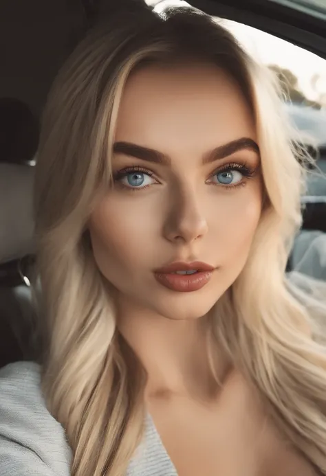 in the car, instagram selfie, Sexy girl with blue eyes, portrait sophie mudd, Portrait de Corinna Kopf, blonde hair and large eyes, Selfie einer jungen Frau, ohne Make-up, Natural makeup, Blick direkt in die Kamera, Gesicht mit Artgram, dezentes Make-up, G...