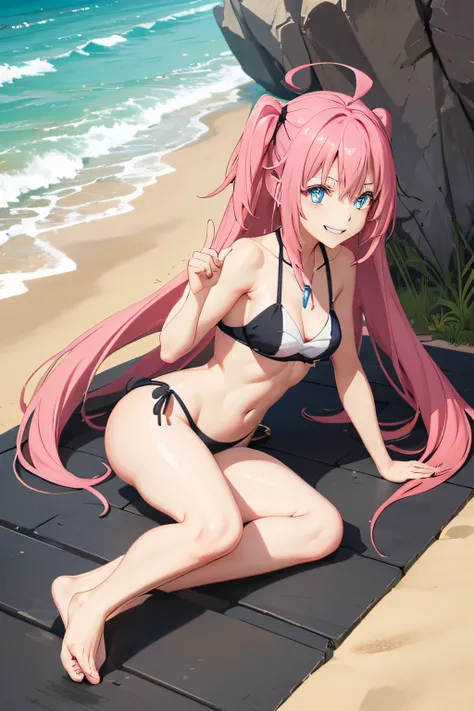 1Female、When I was reincarnated, I was a slime character（child）、masterpiece、superior quality、accurate、animesque、child Demon King、Aimei、beautiful blue eyes and detailed、Pink hair、two-tailed、Proud double tails, very short black bikini 、Average breasts、True t...