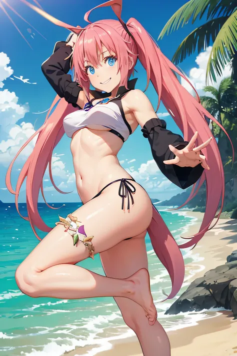 1Female、When I was reincarnated, I was a slime character（child）、masterpiece、superior quality、accurate、animesque、child Demon King、Aimei、beautiful blue eyes and detailed、Pink hair、two-tailed、Proud double tails, very short black bikini 、Average breasts、True t...