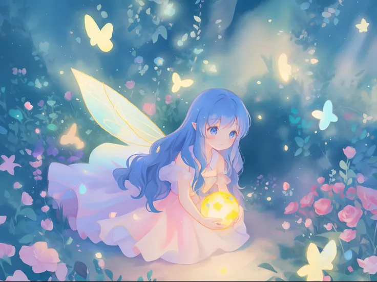 beautiful girl in fairy dress made of flower petals, beautiful fairy queen surrounded by colorful tiny pixies and fairies, glowing tiny fairies, (glowing fairy wings), glowing flowing ballgown, long wavy hair, sparkling fairy wings, watercolor illustration...