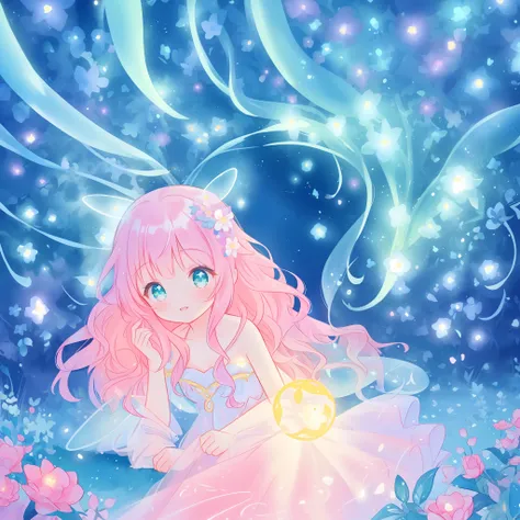 beautiful girl in fairy dress made of flower petals, beautiful fairy queen surrounded by colorful tiny pixies and fairies, glowing tiny fairies, (glowing fairy wings), glowing flowing ballgown, long wavy hair, sparkling fairy wings, watercolor illustration...