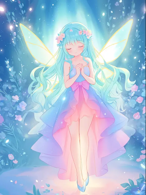 beautiful girl in fairy dress made of flower petals, beautiful fairy queen surrounded by colorful tiny pixies and fairies, glowing tiny fairies, (glowing fairy wings), glowing flowing ballgown, long wavy hair, sparkling fairy wings, watercolor illustration...