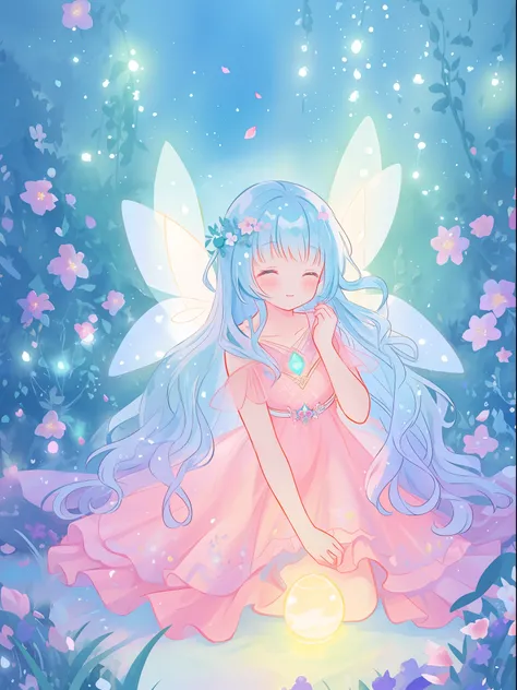 beautiful girl in fairy dress made of flower petals, beautiful fairy queen surrounded by colorful tiny pixies and fairies, glowing tiny fairies, (glowing fairy wings), glowing flowing ballgown, long wavy hair, sparkling fairy wings, watercolor illustration...