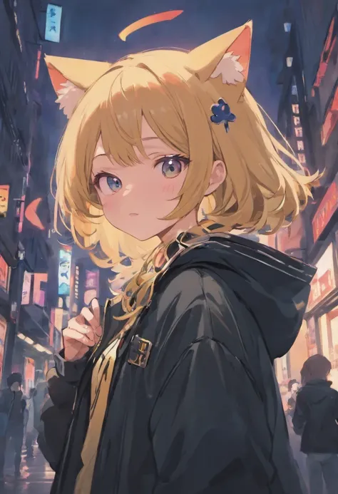 Girl with dirty blonde hair and a black jacket with cat ears on the hood