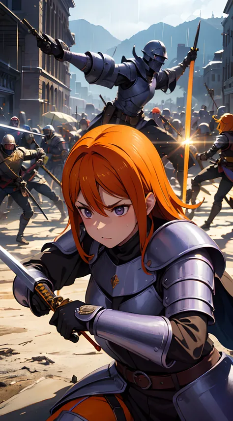 Orange hair, purple armor, purple eyes, light bearer warriors, medieval city, battle, epic, war, surrealism, 8k, super detail, war, battle against demons, horror, rain, hold a sword, battlefield