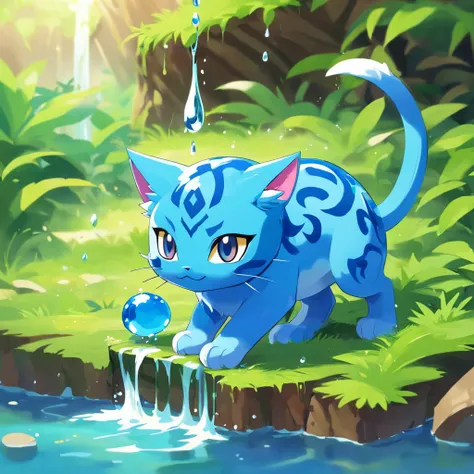 Mew made of water slime, vivid light blue and blue, dripping with water and slime, masterpiece, best quality