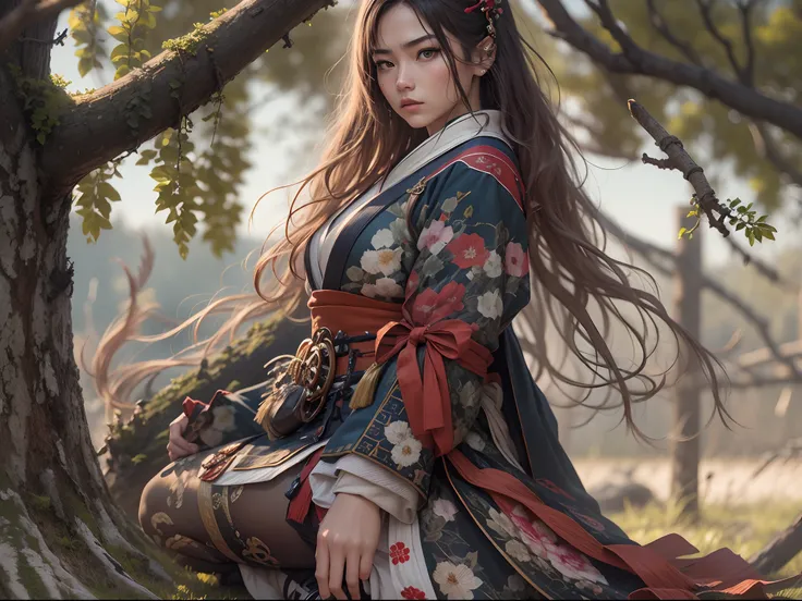 4k, realistic, very detail, there is a girl on a wood, she is a samurai, war theme, soft clothes, long hair, wearing legging, 25 years old, full body, wearing gucci shoes