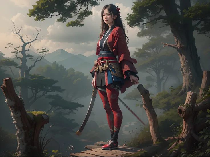 4k, realistic, very detail, there is a girl on a wood, she is a samurai, war theme, soft clothes, long hair, wearing legging, 25 years old, full body, wearing gucci shoes