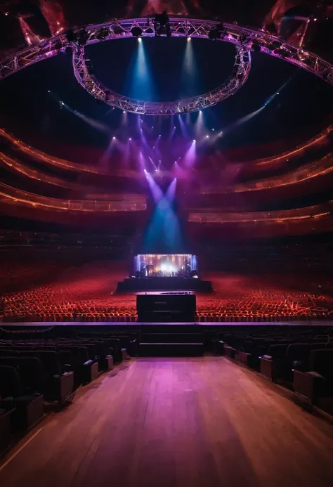 Imagem 16 por 9. vista de um palco de show de musica eletronica com varias pessoas a frente, ambiente claro, de alta qualidade e realista