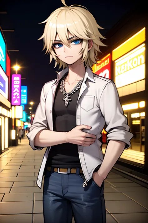 young man, blond hair, blue eyes, wearing a white shirt, jeans pants, silver necklace,on a city, night,