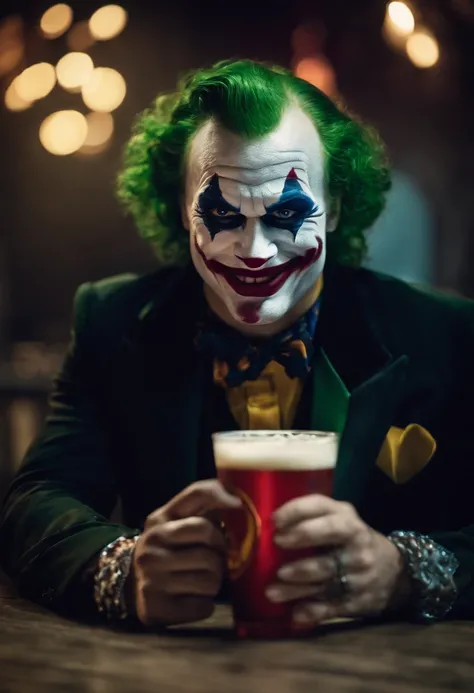 o Coringa, clownpiece, Homem, Drinking energy redbull, looking-into-camera