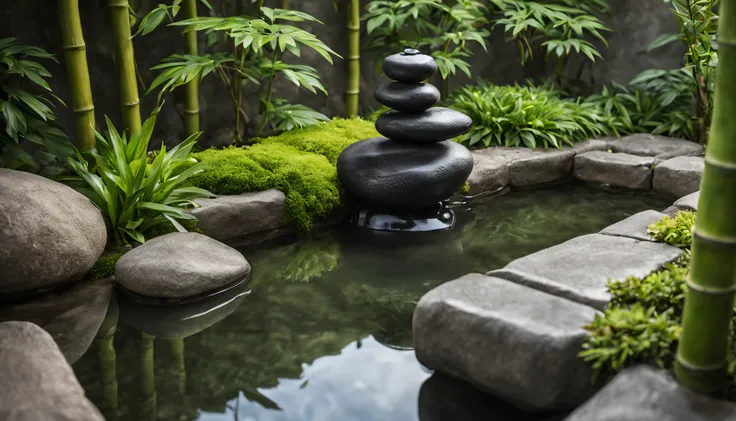 create an ultra-realistic image of a tranquil zen garden. in the center, there is a serene water fountain surrounded by a lush a...