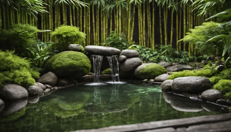 create an ultra-realistic image of a tranquil zen garden. in the center, there is a serene water fountain surrounded by a lush a...