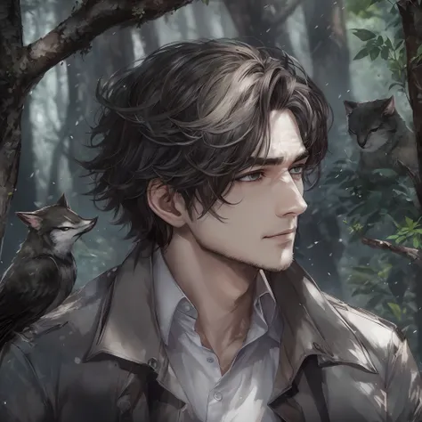 A handsome man，年轻，Detail portrayal，mtu，A calm expression，Calm and relaxing，Handsome，darkly，Detective，（Dark forest），Quality dress，facial closeups，Light，（8K），（Masterpiece），（Engraved part），Clear environment，Handsome，Clear face，Vivid expressions，ln the forest