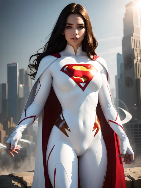 a 25-year-old girl in an elaborate Superman costume with long sleeves in white, covering the whole body, Vivid colors, dramatic  lighting, white capelet , White Superman Costume, Suit with white carbon fiber details, (intricate details:0.9), (HDR, hyper-de...