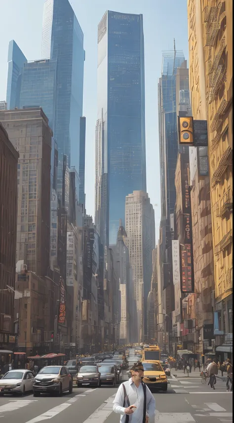 Visualize a bustling New York City street on a sunny day, bathed in the warm, golden glow of the sun. The iconic skyscrapers create a magnificent urban backdrop against the clear blue sky. A man, immersed in his own world, dons headphones, listening to mus...