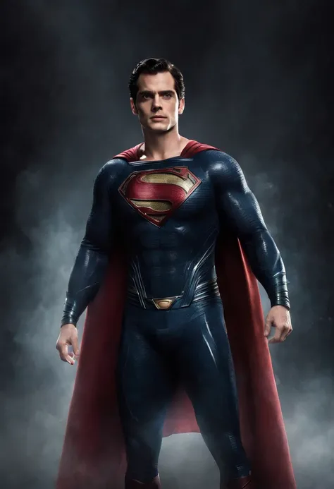 1 man, solo, Henry Cavill as Superman, 40s year old, all blue and red details suit, bare hands, big red S symbol on the chest, red cape, strain of hair covering forehead, short cut hair, tidy hair, tall, manly, hunk body, muscular, wide shoulder, straight ...