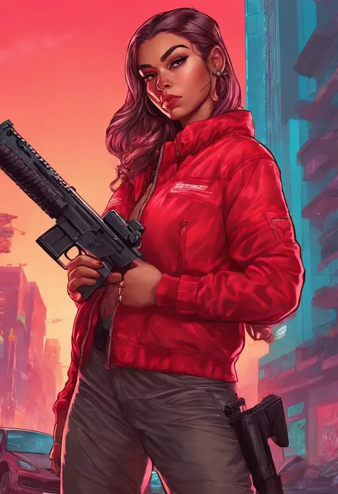 a girl in a red outfit, holding a rifle, (extremely detailed face and body), vibrant colors, (portrait), red color tone, dramatic lighting, (best quality, ultra-detailed, highres), realistic