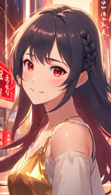 (masterpiece), best quality, expressive eyes, perfect face, red eyes, braids long hair, gold dress, cute smile, black hair