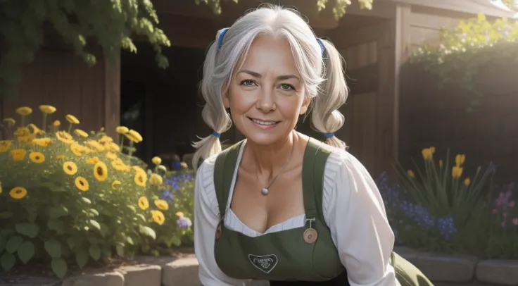 portrait of a 65-year-old woman with gray hair, seductive gaze, brown eyes, some wrinkles on her face,  8k, dark green rubber boots,detailed background, wrinkles on body, spring garden, light sunshining, outdoor beautiful garden, NSFW:1.1, yellow apron wit...