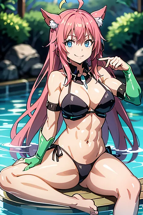 1Female、When I was reincarnated, I was a slime character（teenager）、masterpiece、superior quality、accurate、animesque、Child Demon King、Aimei、beautiful blue eyes and detailed、Pink hair、two-tailed、Proud double tails, very short black bikini 、Average breasts、Tru...