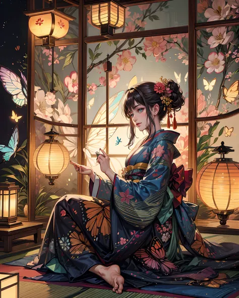 **a woman dressed in a gorgeous and beautiful uchikake with butterflies and flowers and holding a kiseru in her hand is relaxing...