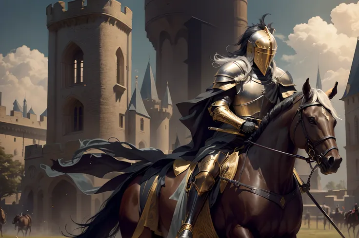 tournament knight riding a horse in black tournament armor with gold patterns, in a flowing cloak, a lush plume of feathers on t...