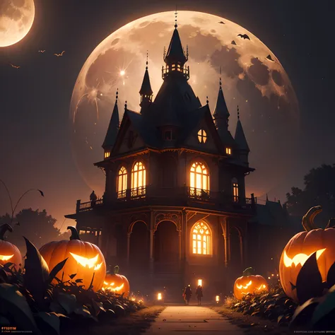 Bats fly、Fantastic landscape of pumpkin patch, Bright full moon illuminates the light of the moon, lush garden, Orange pumpkin, Trending on ArtStation, Volumetric lighting, Hyper Detailed, Convoluted, ornate, Ray tracing, 8K