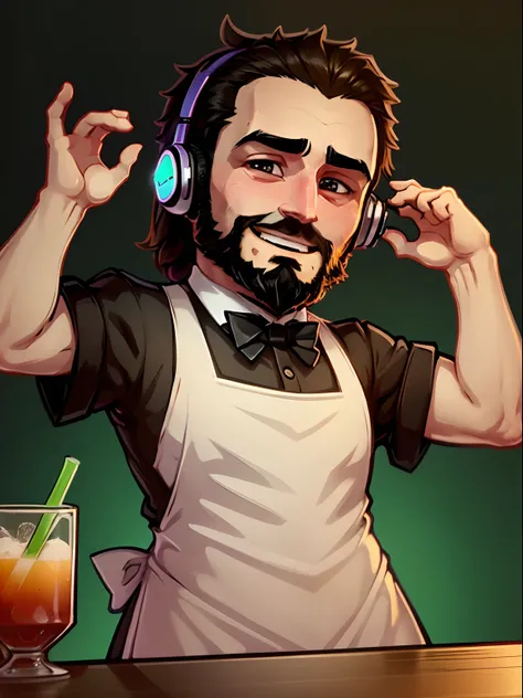 a stickers ,  man  who is a bartender. black short hair and full beard  using a gaming headset. He has a friendly face and wears a bartenders uniform,complete with apron and bow tie, represented with vibrant colors, happy expression, big eyes and a welcomi...