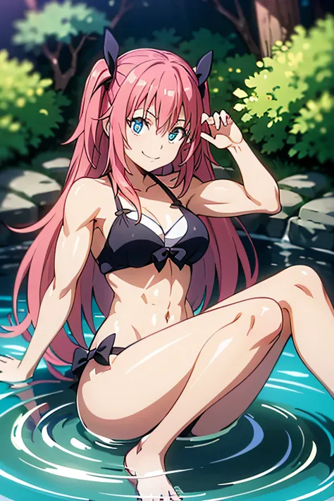 1Female、When I was reincarnated, I was a slime character（teenager）、masterpiece、superior quality、accurate、animesque、Child Demon King、Aimei、beautiful blue eyes and detailed、Pink hair、two-tailed、Proud double tails, very short black bikini 、Average breasts、Tru...