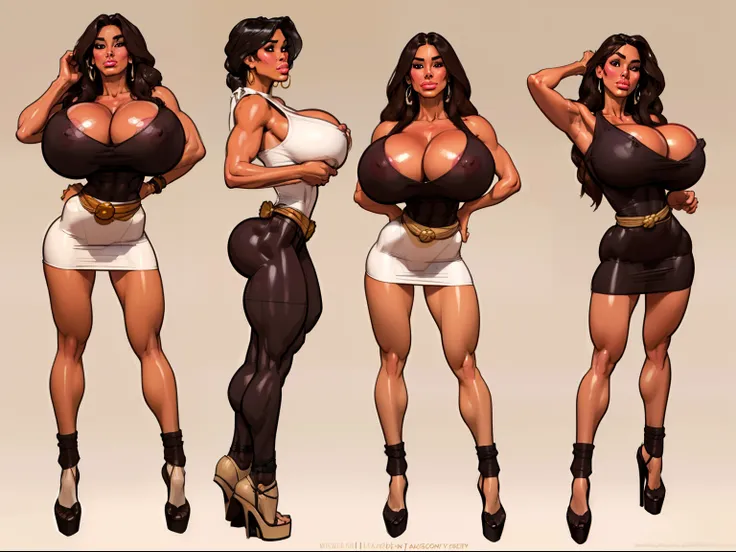 ((masterpiece)),(((best quality))),((character design sheet)), ((full body view)) ((native american girl)) mature face, defined cheekbones, high cheekbones, illustration, native girl, muscular, ((buckskins:1.4)), sexy bimbo, (gigantic breasts:1.7) black ha...