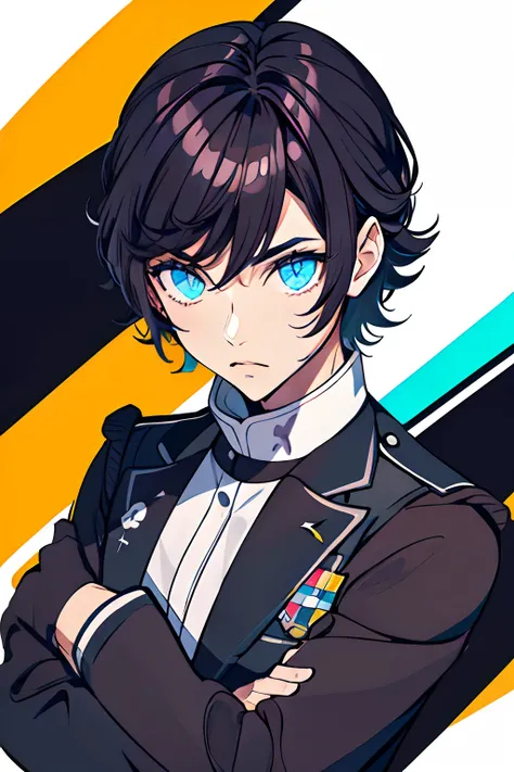 Karuso Tabito, medium dark hair, olhos pretos, mechas roxas, homem, uniform soccer