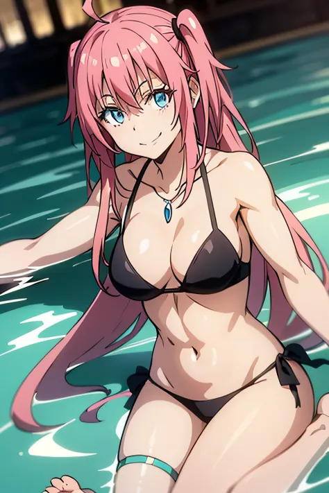 1Woman、When I reincarnated, I was a slime character（teenager）、masterpiece、superior quality、accurate、animesque、Childrens Demon King、Aimei、beautiful detailed blue eyes、Pink hair、piggy back, proud, black bikini and more short、Medium breasts、True to the origin...