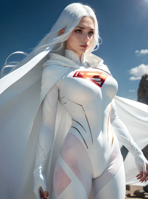 A 25-year-old girl with white hair in an elaborate long-sleeved Superman costume in white, covering the whole body, Matte pastel colours, (dramatic  lighting:1.3), white capelet , White Superman Costume, Suit with white carbon fiber details, (intricate det...