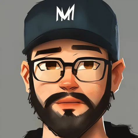 Portrait of Hispanic man with beard and short hair wearing cap and glasses reading model: aviador de metal fazendo um sinal de "Rock n roll, por samdoesarts