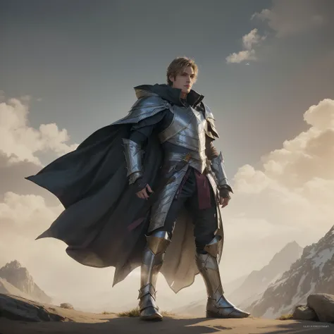 man in armor standing on a mountain with a sword, full portrait of magical knight, fantasy warrior in full armor, a human male paladin, attractive male with armor, male paladin, fantasy character photo, hyper realistic, super detailed, detailed face, 8k, h...